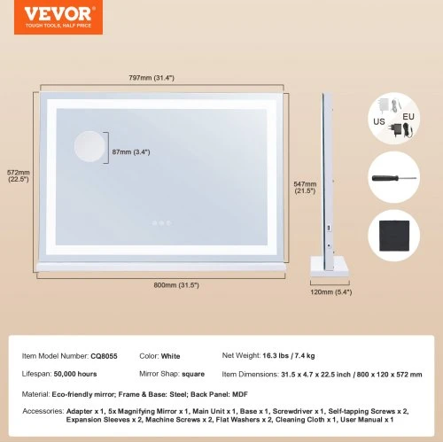 VEVOR Apšviečiamas kosmetinis veidrodis CQ8055, baltas, su USB, pastatomas arba tvirtinamas prie sienos, 80 x 57 cm