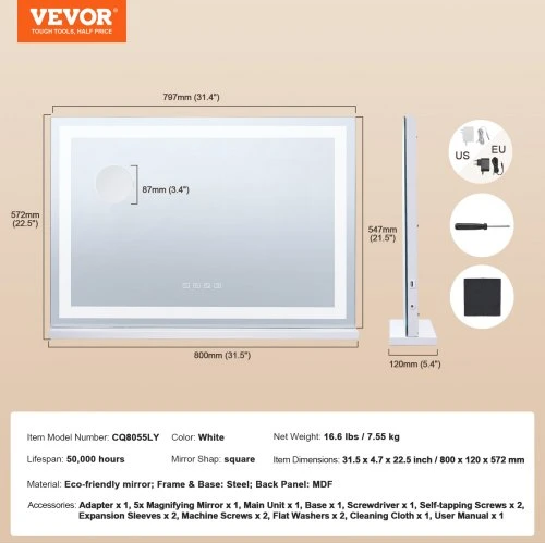 VEVOR Apšviečiamas makiažo veidrodis, baltas, su Bluetooth ir USB, stalinis arba tvirtinamas prie sienos, 80 x 12 x 57 cm