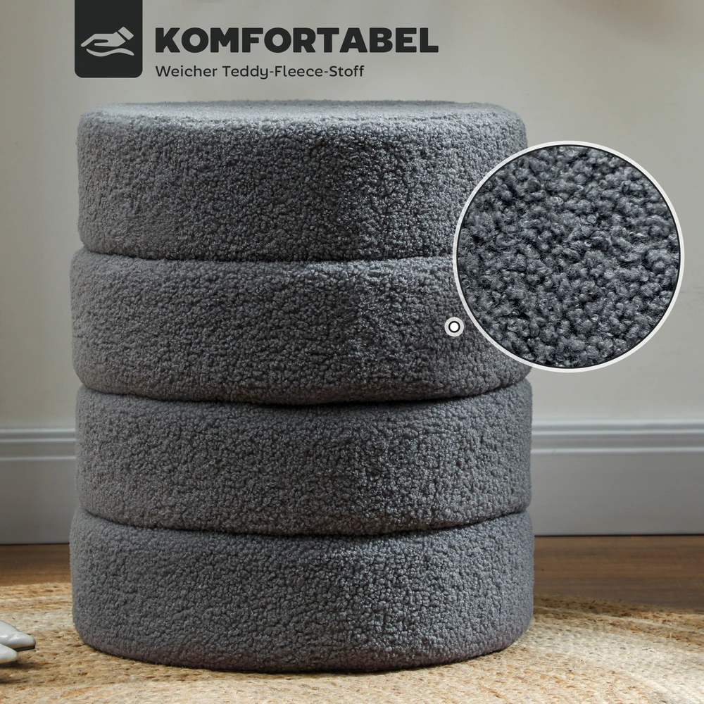 Aosom Apvalus pufas, teddy fleece, tamsiai pilkas, Ø40 x 45 cm, iki 120 kg
