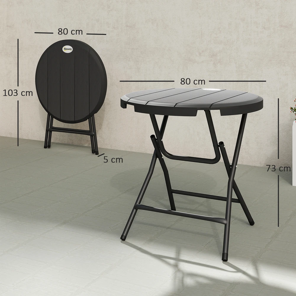 Aosom Apvalus sulankstomas sodo stalas 4 asmenims, medienos imitacija, plienas ir HDPE, tamsiai pilkas, 80 x 80 x 73 cm