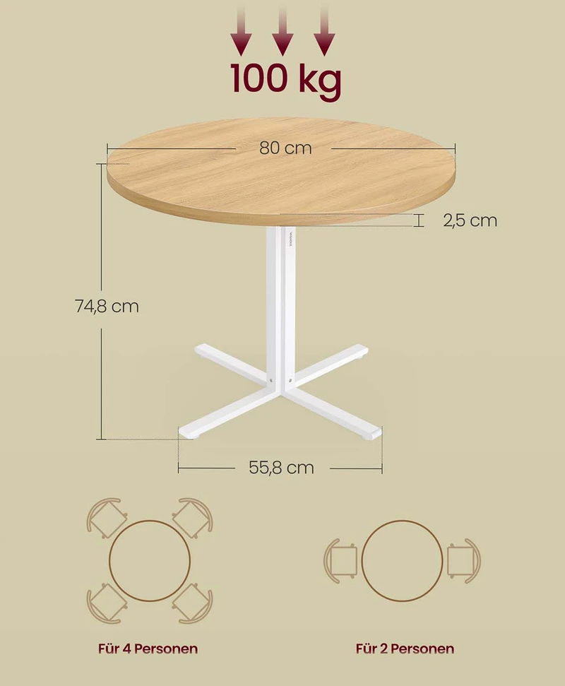 Songmics Apvalus valgomojo stalas 4 asmenims, 80 cm, aukso ąžuolo spalvos, medžio drožlių plokštė ir plienas