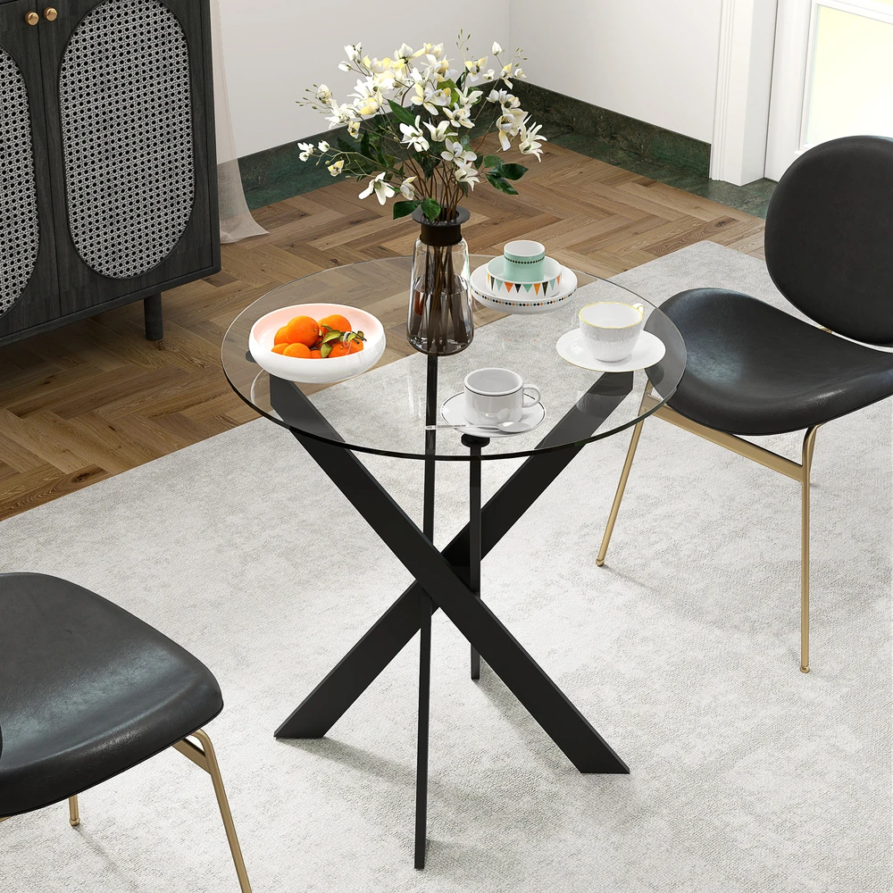 Aosom Apvalus valgomojo stalas, Ø70 cm, juodas, grūdintas stiklas ir plienas