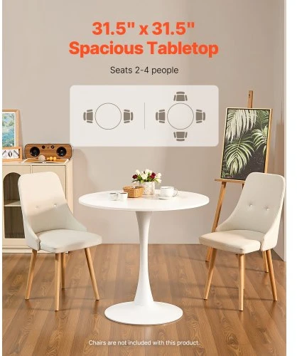 Koduva Apvalus valgomojo stalas VEVOR, baltas, MDF ir geležis, Ø 80 cm, 2-4 asmenims