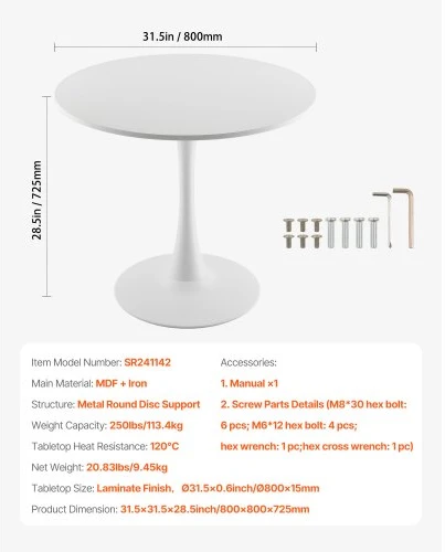 Koduva Apvalus valgomojo stalas VEVOR, baltas, MDF ir geležis, Ø 80 cm, 2-4 asmenims