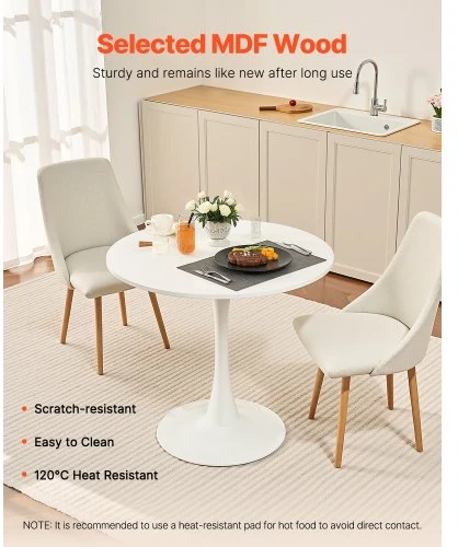 Koduva Apvalus valgomojo stalas VEVOR, baltas, MDF ir geležis, Ø 80 cm, 2-4 asmenims