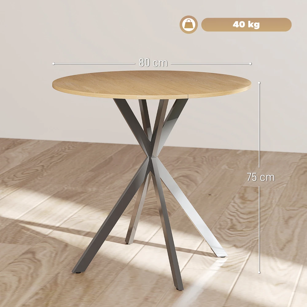 Aosom Apvalus virtuvinis stalas, Ø 80 cm, ąžuolo spalva, medžio drožlių plokštė, metalas