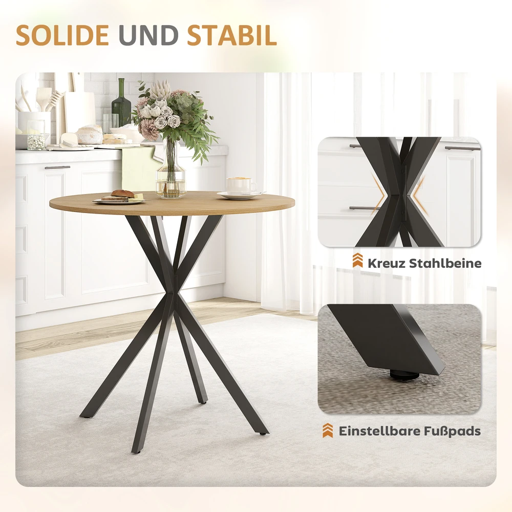Aosom Apvalus virtuvinis stalas, Ø 80 cm, ąžuolo spalva, medžio drožlių plokštė, metalas