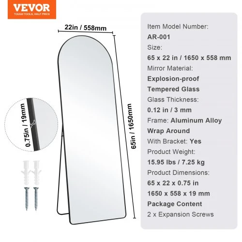 Koduva Arkinis pastatomas veidrodis VEVOR AR-001, juodas, 165 x 56 cm