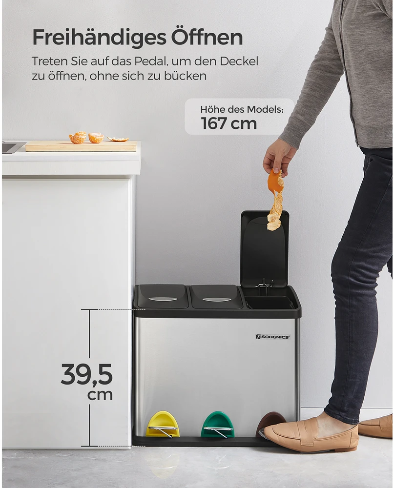 Koduva Atliekų rūšiavimo šiukšliadėžė 24 l, 3 x 8 l, nerūdijantis plienas, 46,5 x 40,5 x 29,5 cm