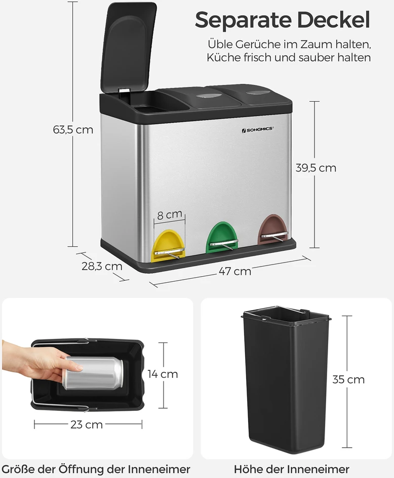 Koduva Atliekų rūšiavimo šiukšliadėžė 24 l, 3 x 8 l, nerūdijantis plienas, 46,5 x 40,5 x 29,5 cm