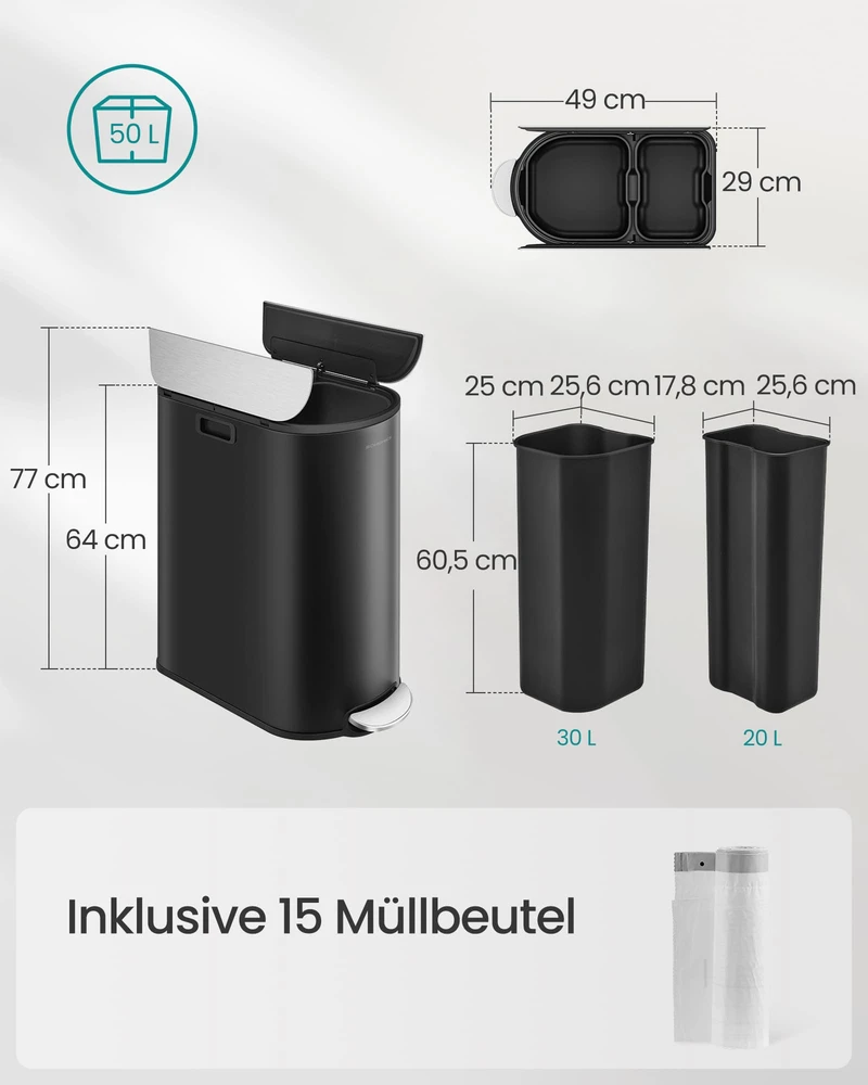 Koduva Atliekų rūšiavimo šiukšliadėžė virtuvei, 2 skyrių, 30 l + 20 l, 49 x 29 x 64 cm