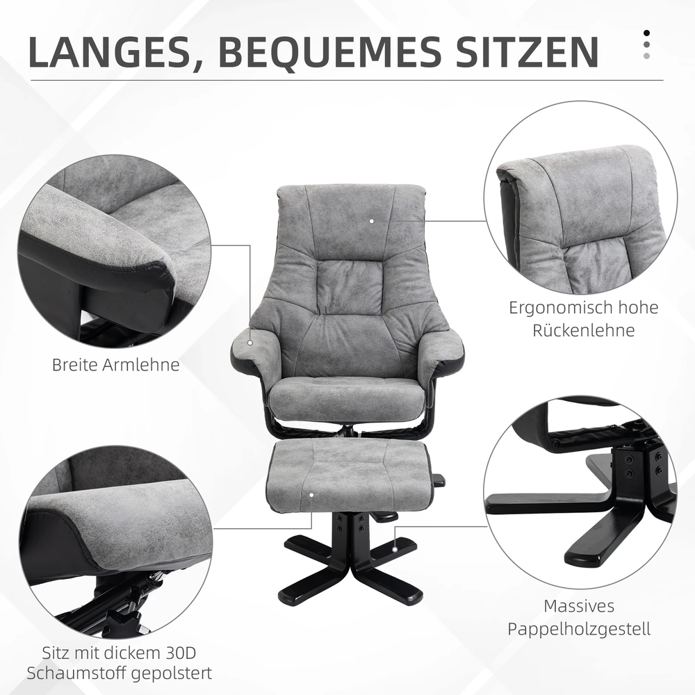 Aosom Atlošiamas poilsio krėslas su pakoju, 360° sukamas, pilkas, 78 x 82,5 x 109 cm
