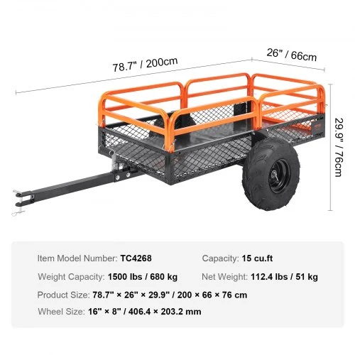 VEVOR ATV savivartė sodo priekaba TC4268, plieninė, juoda / raudona, 200 x 66 x 76 cm, iki 680 kg, 0,43 m³