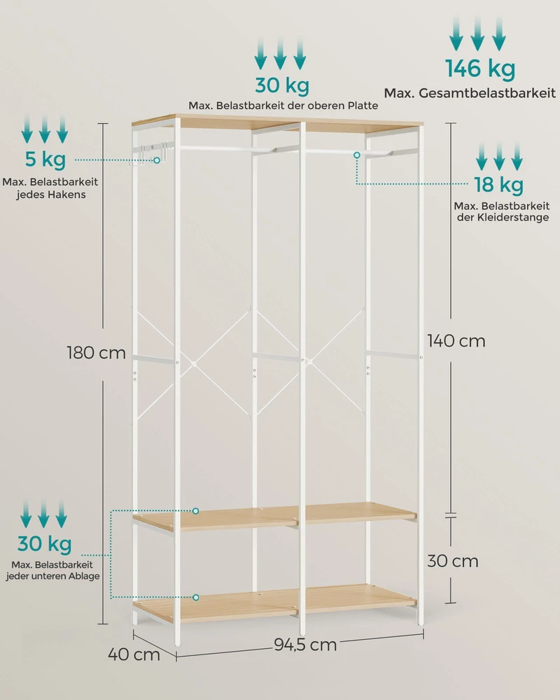 Koduva Atvira drabužių spinta su drabužių kabykla ir lentynomis, natūraliai smėlinė, 40 x 94,5 x 180 cm