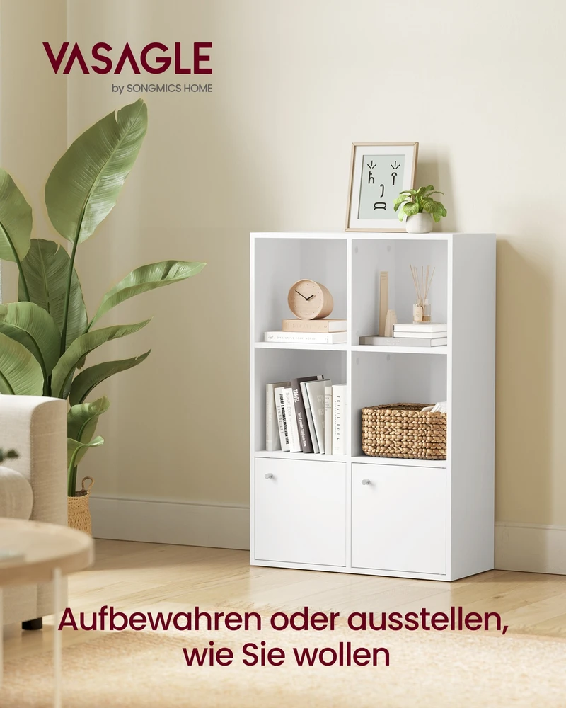 Songmics Atvira knygų lentyna, 3 lygiai, 2 skyriai su durimis, 29 x 65,8 x 97,8 cm, balta