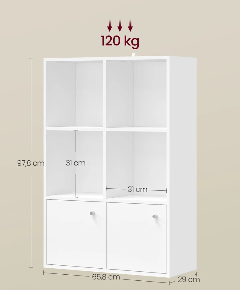 Songmics Atvira knygų lentyna, 3 lygiai, 2 skyriai su durimis, 29 x 65,8 x 97,8 cm, balta
