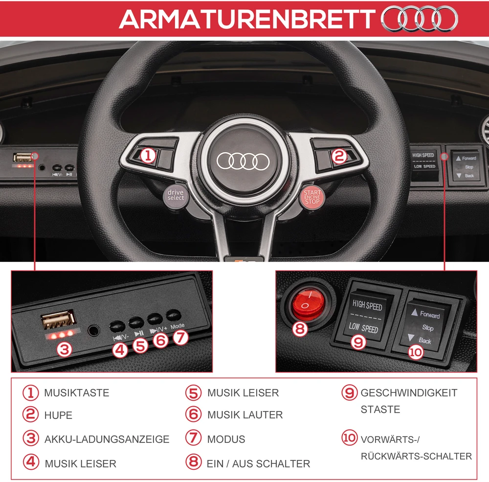 Aosom Audi elektrinis vaikų automobilis, juodas, 102 x 60 x 44 cm, 3–5 m.