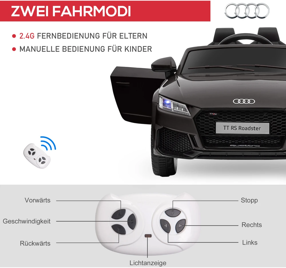 Aosom Audi elektrinis vaikų automobilis, juodas, 102 x 60 x 44 cm, 3–5 m.