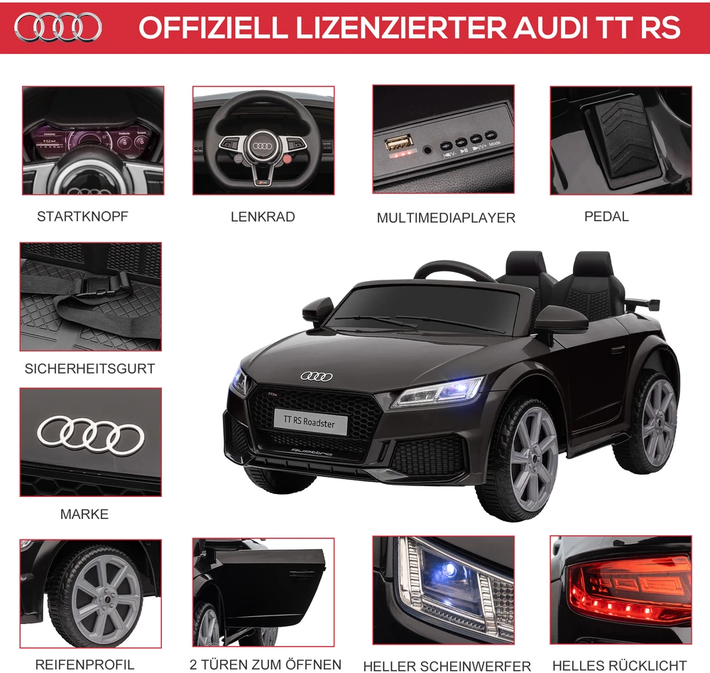 Aosom Audi elektrinis vaikų automobilis, juodas, 102 x 60 x 44 cm, 3–5 m.