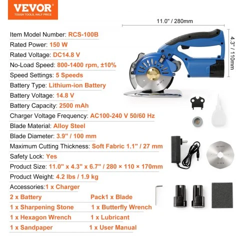 VEVOR Audinių pjovimo mašina RCS-100B, belaidė, 5 greičių, 150 W, 28 x 11 x 17 cm