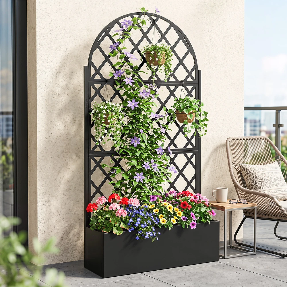 Promotion Augalų dėžė su grotelėmis ir privatumo skydeliu, metalas, juoda, 90 x 40 x 180,5 cm