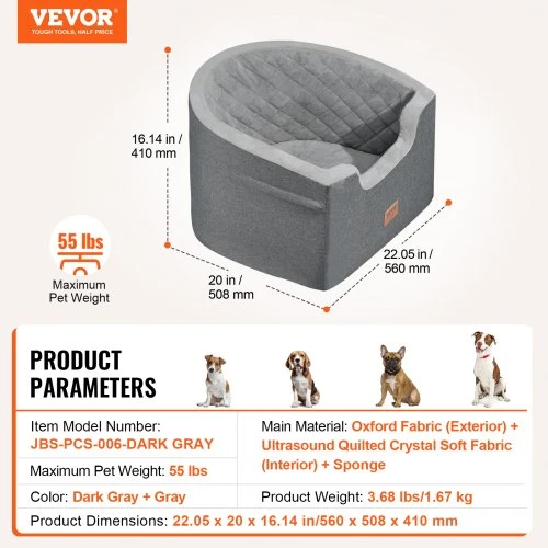 VEVOR Augintinio automobilinė kėdutė, tamsiai pilka, 56 x 51 x 41 cm, šunims iki 25 kg