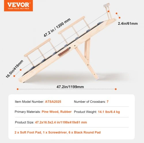 VEVOR Augintinio rampa ATSA2025, medinė, reguliuojama 35-70 cm, 120 x 42 cm