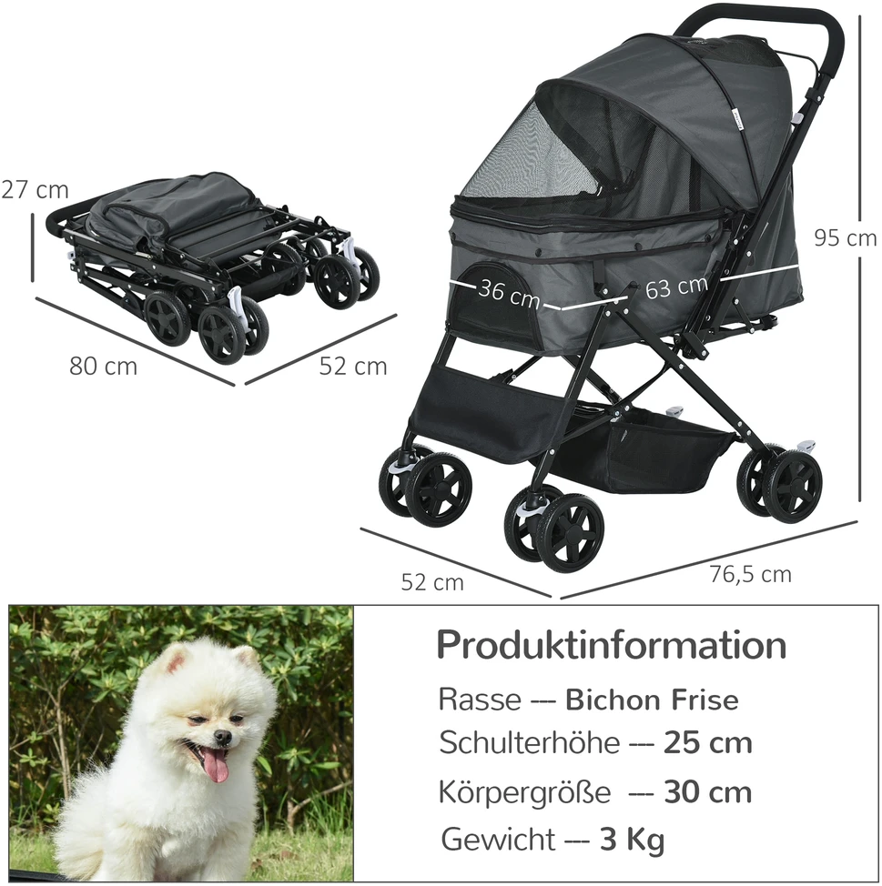 Aosom Augintinio vežimėlis šunims iki 10 kg, sulankstomas, tamsiai pilkas, 76,5 x 52 x 95 cm