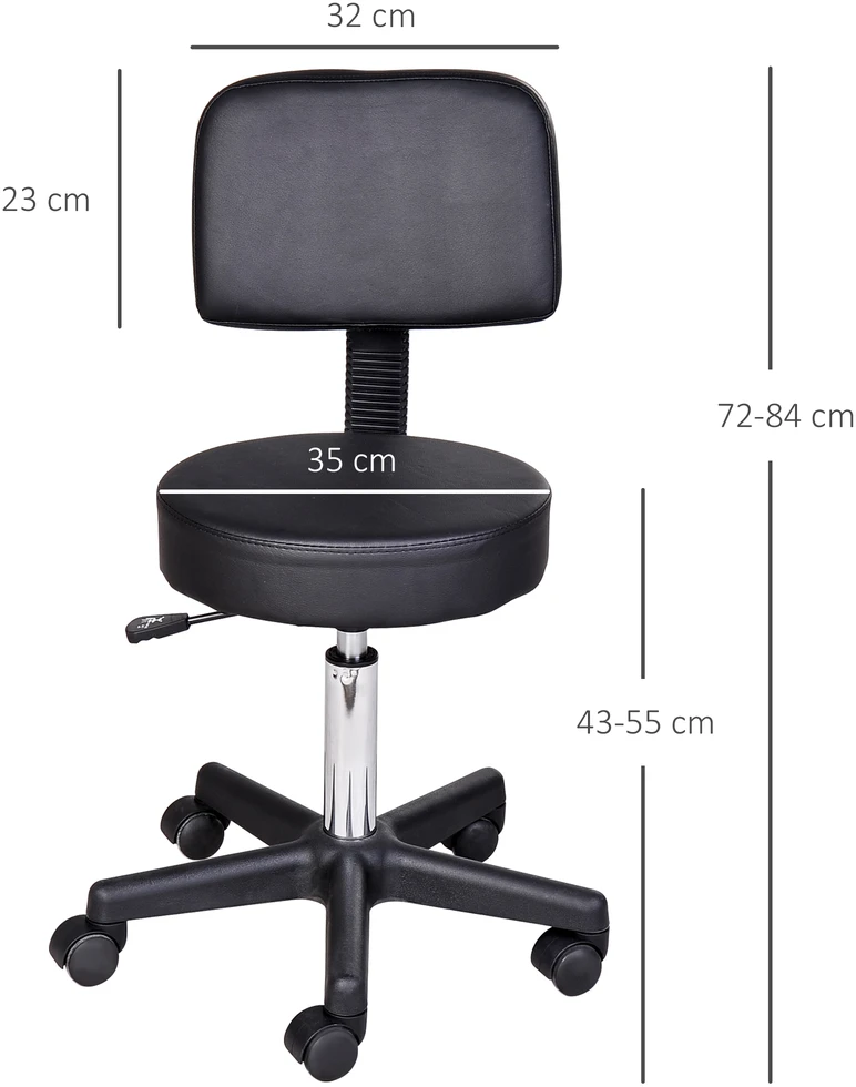 Aosom Aukščio reguliuojama taburetė su atlošu, juoda, Ø35 cm, 72-84 cm
