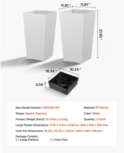 VEVOR Aukšti vazonai, 2 vnt., balti, PP plastikas, 30 x 30 x 55 cm