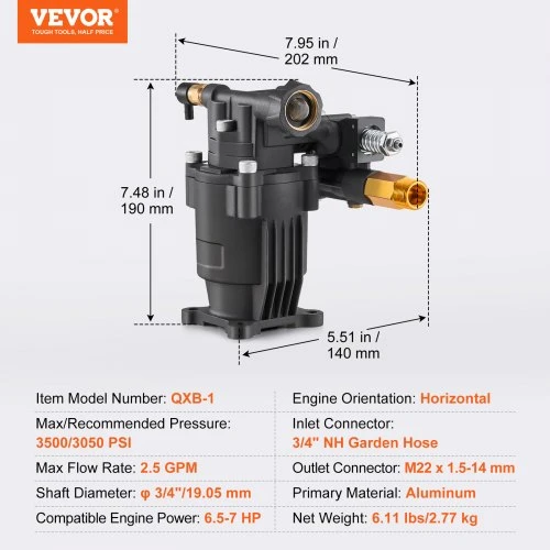 VEVOR Aukšto slėgio plovyklos siurblys QXB-1, horizontalus, 19 mm velenas, 241 bar, 9,5 l/min