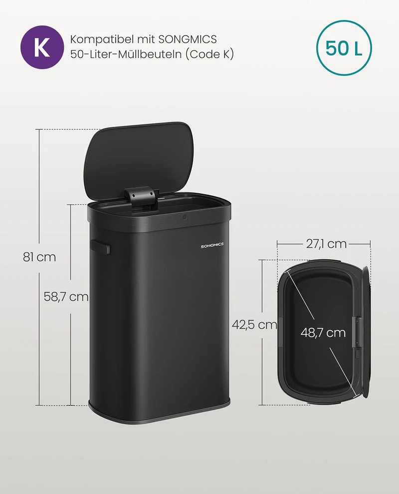 Koduva Automatinė šiukšliadėžė su jutikliu, 50 l, plieninė, juoda, su švelniai užsidarančiu dangčiu