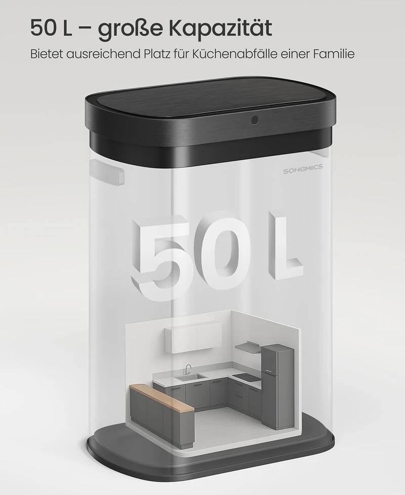 Koduva Automatinė šiukšliadėžė su jutikliu, 50 l, plieninė, juoda, su švelniai užsidarančiu dangčiu