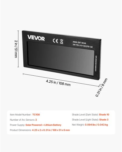 Koduva Automatinio tamsėjimo suvirinimo lęšis VEVOR TC108, 108 x 51 mm, 10 atspalvio, su 2 lanko jutikliais