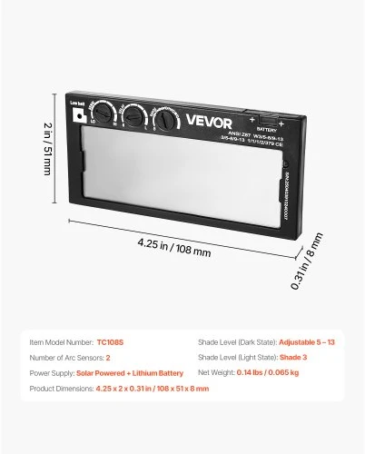 Koduva Automatiškai tamsėjantis suvirinimo lęšis VEVOR TC108S, 108 x 51 mm, atspalvis 5-13