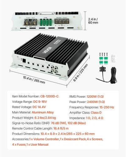 VEVOR Automobilinis monoblokinis stiprintuvas CB-1200D-C, 1200 W RMS, Class D, 1 kanalo, DC 9-16 V
