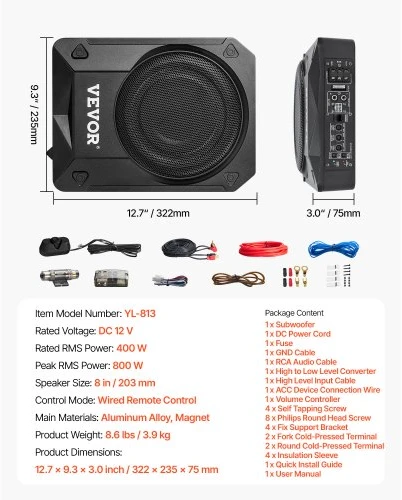 VEVOR Automobilinis žemų dažnių garsiakalbis po sėdyne YL-813, 8 col. / 203 mm, 800 W, 32 x 24 x 8 cm
