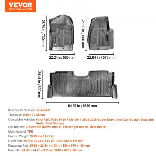 VEVOR Automobilio grindų kilimėliai Ford F250/F350/F450/F550 Super Duty Crew Cab 2017-2025, 3 vnt., juodi