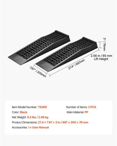 VEVOR Automobilio rampos TS260, 2 vnt., juodos, PP, 70 x 20 x 8 cm, 9072 kg GVW