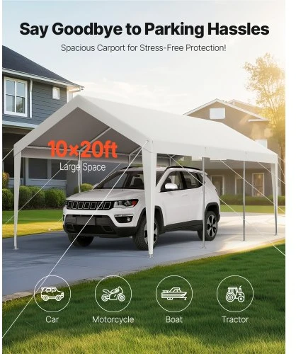 Koduva Automobilio stoginė VEVOR, balta, cinkuoto plieno vamzdžiai ir PE audinys, 609 x 305 x 287 cm