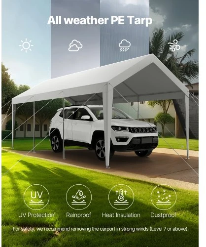 Koduva Automobilio stoginė VEVOR, balta, cinkuoto plieno vamzdžiai ir PE audinys, 609 x 305 x 287 cm