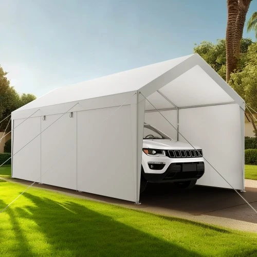 Koduva Automobilio stoginė VEVOR, su nuimamomis šoninėmis sienomis ir durimis, plienas ir PE audinys, balta, 609 x 305 x 287 cm