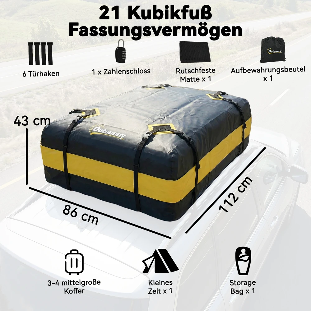 Aosom Automobilio stogo bagažo krepšys, 424,5 l, juodas / geltonas, 112 x 86 x 43 cm