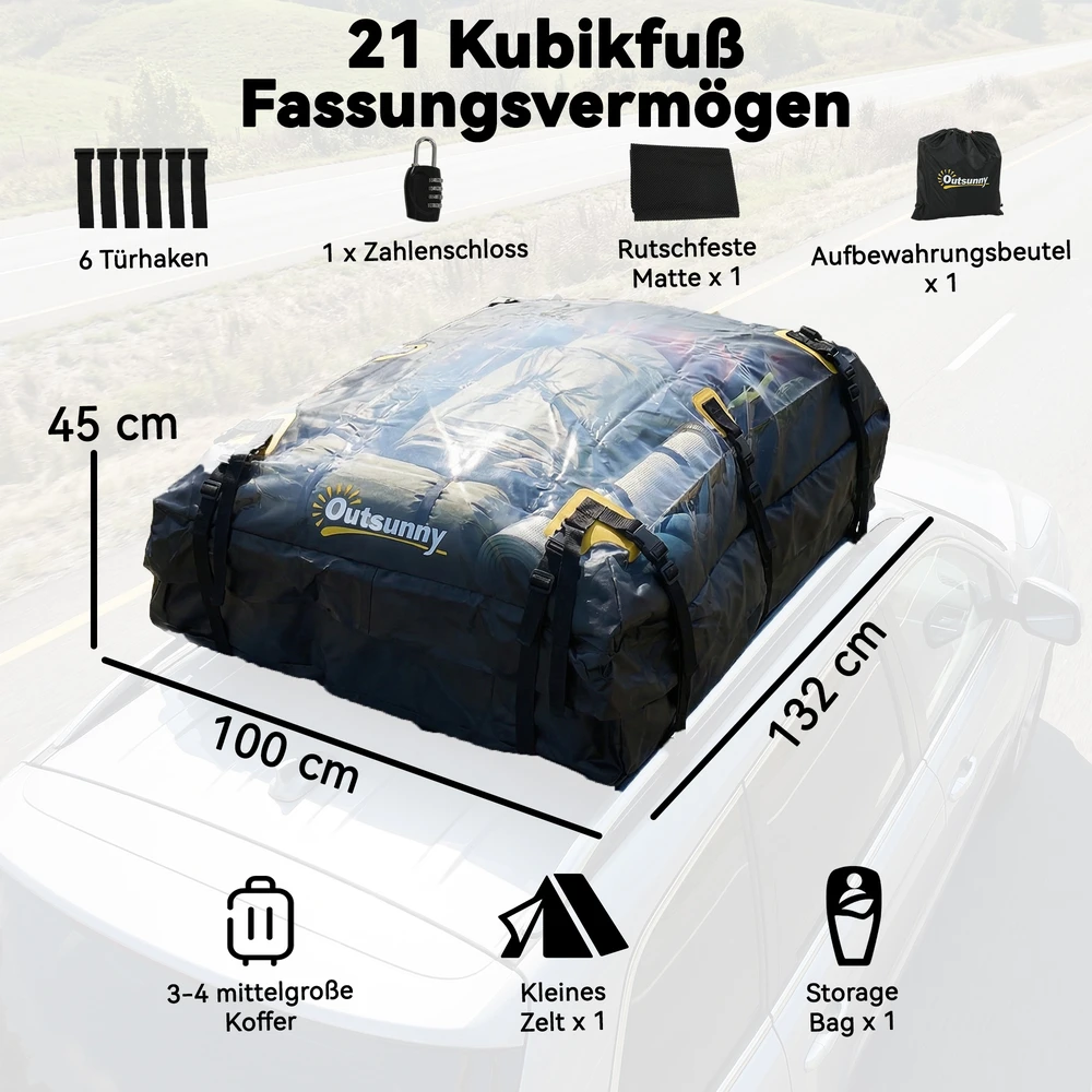 Aosom Automobilio stogo bagažo krepšys, 594,3 l, juodas/geltonas, 132 x 100 x 45 cm