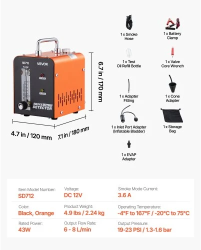VEVOR Automobilių dūmų nuotėkio detektorius SD712, DC 12 V, juodas/oranžinis