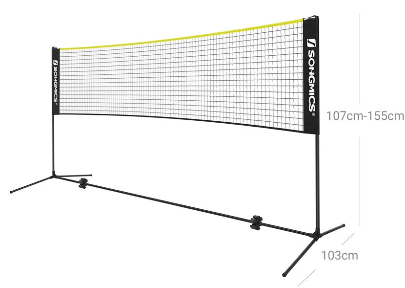 Koduva Badmintono tinklas, 4 m, reguliuojamo aukščio, juodas-geltonas, su krepšiu ir kuoliukais
