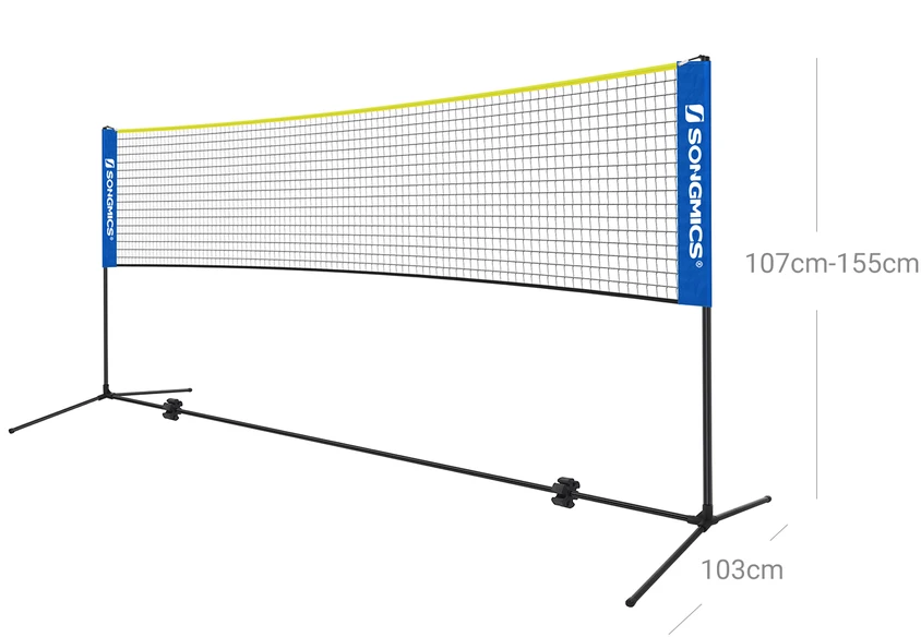 Songmics Badmintono tinklas, 5 m, mėlynai geltonas, reguliuojamo aukščio, su krepšiu ir kuoliukais