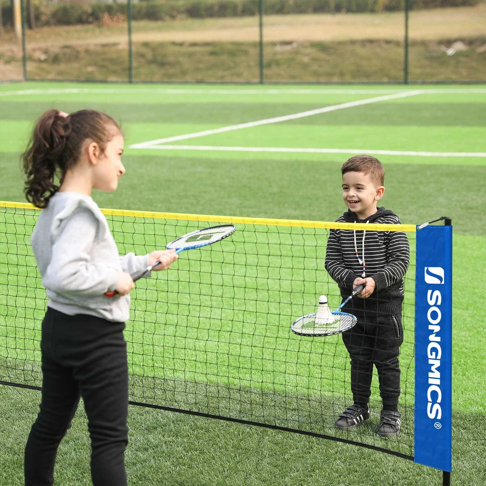 Songmics Badmintono tinklas, 5 m, mėlynai geltonas, reguliuojamo aukščio, su krepšiu ir kuoliukais