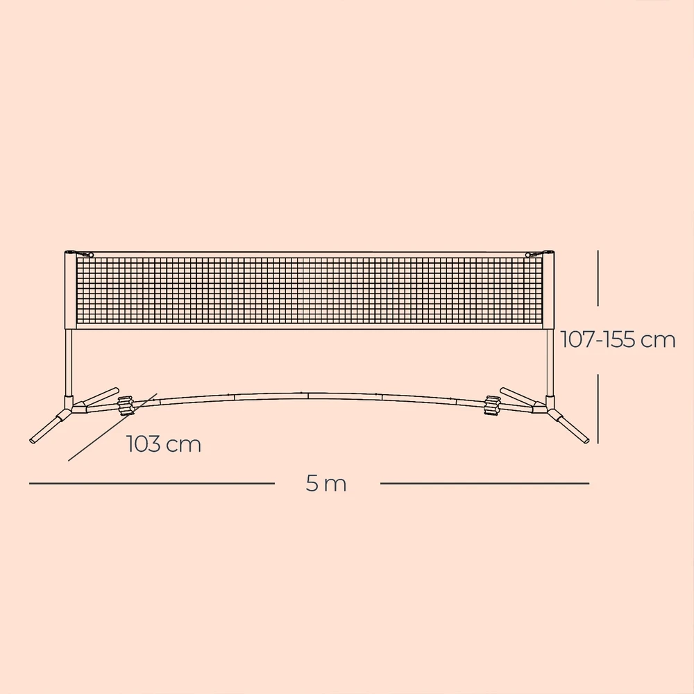 Koduva Badmintono tinklas 500 cm, reguliuojamo aukščio, su metaliniu rėmu ir krepšiu