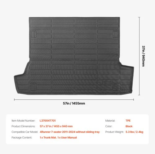 VEVOR Bagažinės kilimėlis Toyota 4Runner 7 vietų 2011-2024 be ištraukiamo padėklo, TPE, juodas, 146 x 94 cm